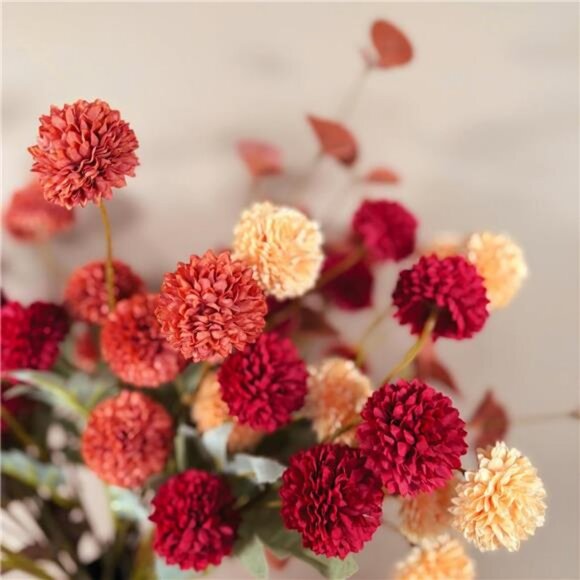 Fall Flowers, Burnt Orange Faux Kiku Flowers Artificial 10 Stems + Eucalyptus - Picture 3 of 7